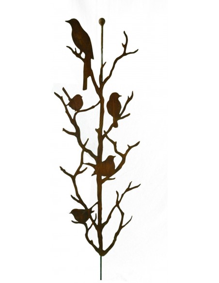 Edelrost Vögel auf Ästen an Stab mit Kugel aus Metall Gartenstecker mit Rost Patina und Tiere