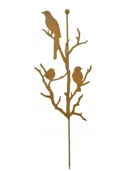 Edelrost Vögel auf Ästen an Stab mit Kugel aus Metall Gartenstecker mit Rost Patina und Tiere