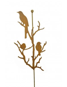 Edelrost Vögel auf Ästen an Stab mit Kugel aus Metall Gartenstecker mit Rost Patina und Tiere