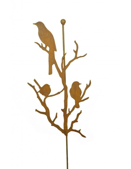 Edelrost Vögel auf Ästen an Stab mit Kugel aus Metall Gartenstecker mit Rost Patina und Tiere