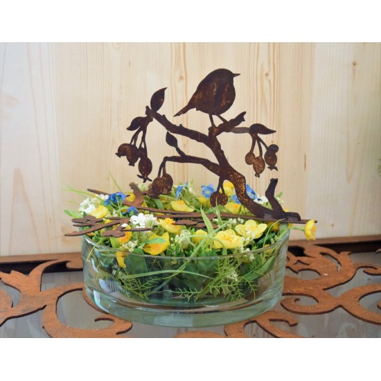 Deko Vogel aus Ast mit Hagebutten  für Glasschalen 