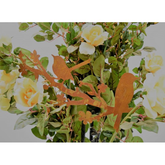 2 Vögel auf Blütenast, Gartenbild zum Hängen, Edelrost