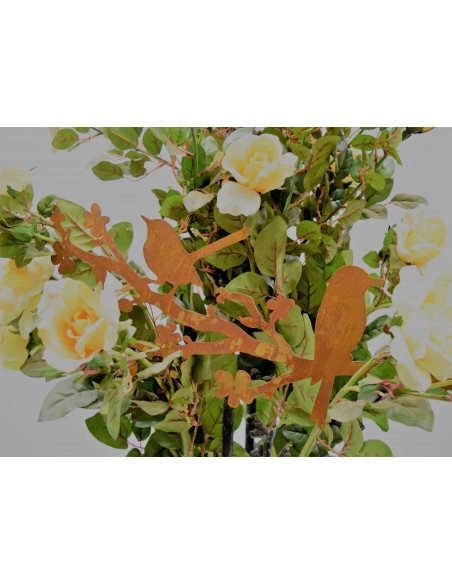 2 Vögel auf Blütenast, Gartenbild zum Hängen, Edelrost