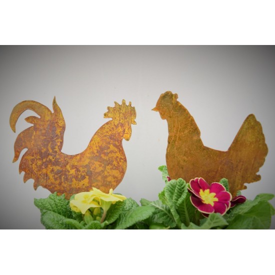 Hahn und Huhn Blumentopftstecker 2er Set  - Gesamtlänge 25 cm