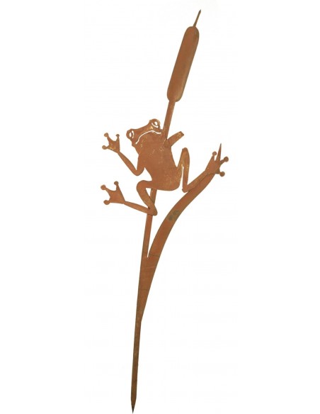 Gartenstecker Frosch an Schilfkolben hängend 90 cm hoch