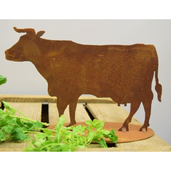 dekorative Edelrost Mini Kuh stehend auf Platte, Höhe 16 cm