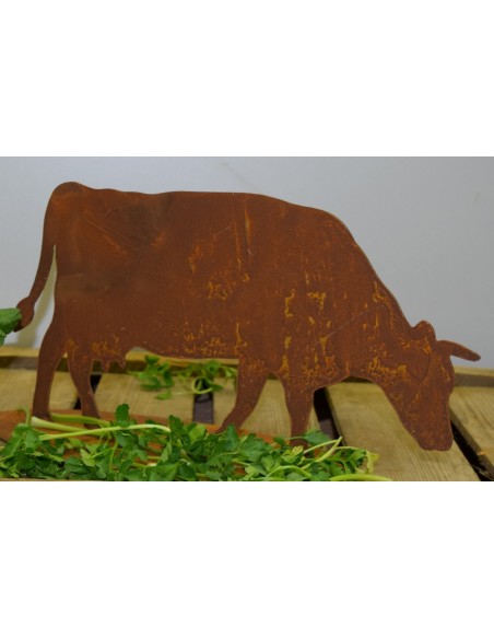dekorative Edelrost Mini Kuh fressend auf Platte, Höhe 14 cm