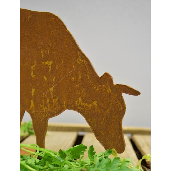 dekorative Edelrost Mini Kuh fressend auf Platte, Höhe 14 cm