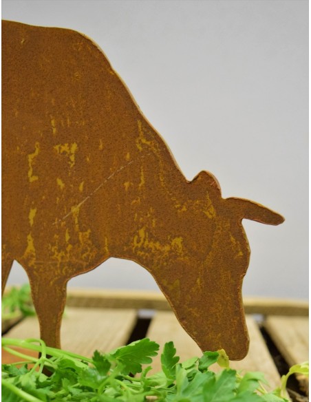 dekorative Edelrost Mini Kuh fressend auf Platte, Höhe 14 cm