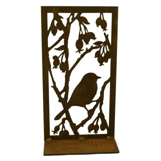 Deko Bild Vogel mit Beeren aus Edelrost für Teelichter