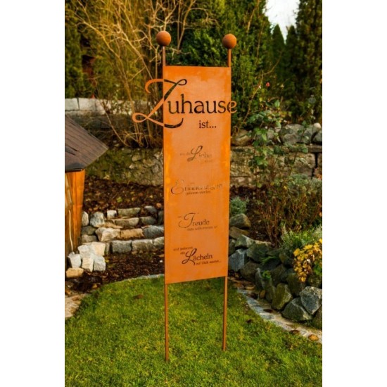Rostendes Spruchschild "Zuhause" als Aufsteller für einen heimeligen Garten 
