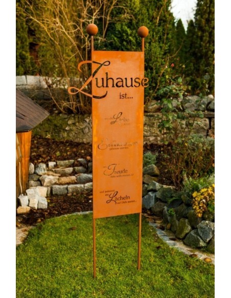 Rostendes Spruchschild "Zuhause" als Aufsteller für einen heimeligen Garten 