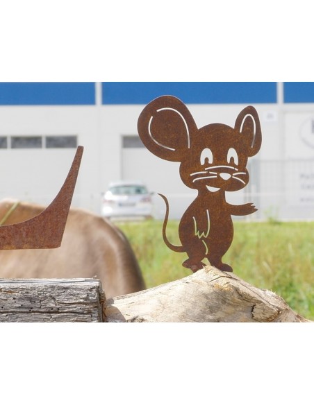 Edelrost Metallsatz, Maus mit großen Ohren, als Baumstecker, zum Einschrauben in Holz