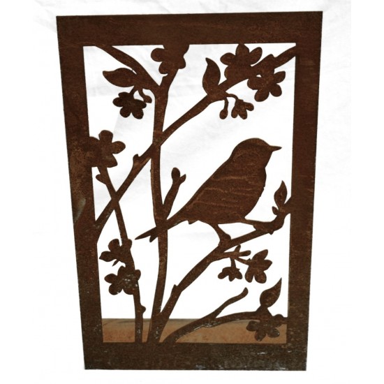 Metallbild Vogel mit Blüten auf eckiger Platte, hübscher Dekoaufsteller