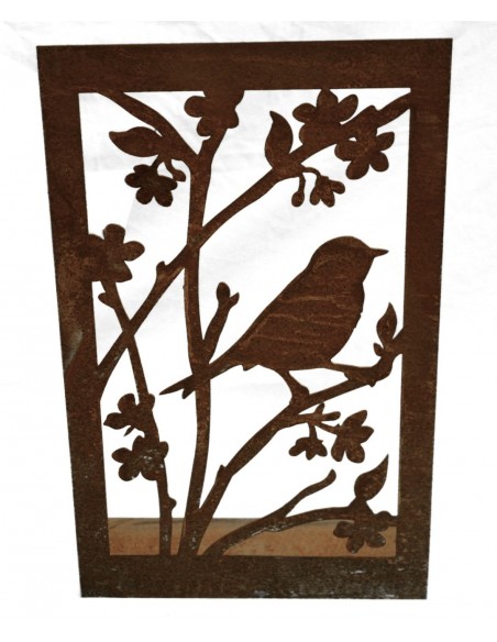 Metallbild Vogel mit Blüten auf eckiger Platte, hübscher Dekoaufsteller
