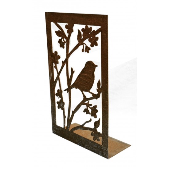 Metallbild Blütenzweige mit Vogel, edle Rostdekoration