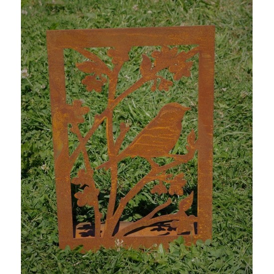 Vogel und Blütenzweige natürliches MotivMetallbild im Grünen