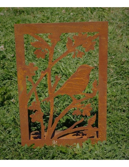 Vogel und Blütenzweige natürliches MotivMetallbild im Grünen