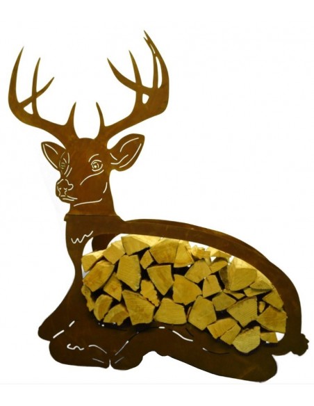 liegender Hirsch als Holzregal in schönem dunkelbraunen Rost für Ihren Landhausgarten