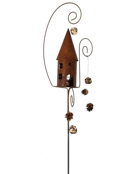 Geschmücktes Vogelhaus mit gebogenen Stäben als Futterstelle