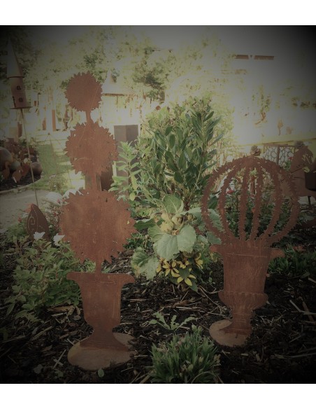 Amphoren Efeukugel und Lorbeerbäumchen kombiniert Gartendeko