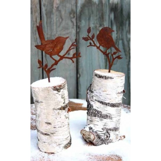 Vogel Spatz auf Hagebuttenast, zum Einstecken in Weichholz, Rostvogel Metallmichl