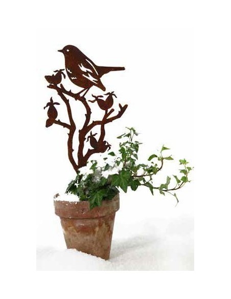 Deko Vogel aus Ast - Topfstecker aus Edelrost