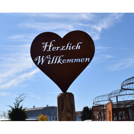 rostiges Herz "Herzlich Willkommen" Mit Dorn für Ihren Gartenzaun