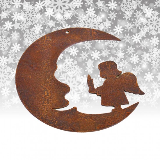 Edelrost Christbaumschmuck Mond mit Engelskind, Höhe 13,5 cm für Ihre Weihnachtsdeko