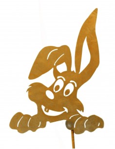 Topfstecker Hase schaut raus, Größe II, auf 17 cm Stab, Rost - Höhe 19 cm - Breite 15 cm