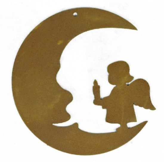Edelrost Christbaumschmuck Mond mit Engelskind, Höhe 13,5 cm