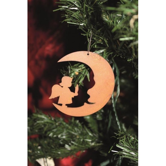 Edelrost Christbaumschmuck Mond mit Engelskind, Höhe 13,5 cm