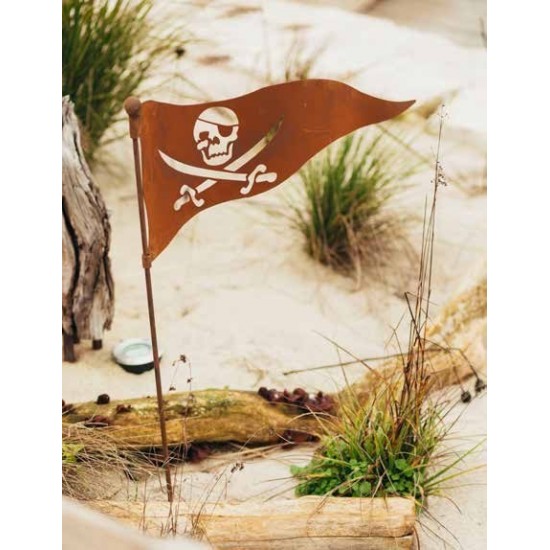 Edelrost Gartenstab 'Piratenflagge' auf 100 cm Stab ausgelasert Edelrost Rostdeko Fahne hissen Insel Piraten Blumendeko Beegdeko