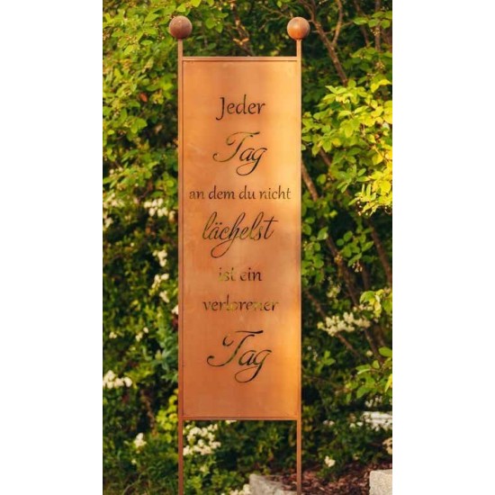 XXL Gartenstecker "Ein Tag ohne Lächeln ", Rost - Höhe 205 cm, 2-teilig Edelrost Rostdeko Spruchtafel