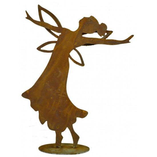 tanzende Fee 'Saria' mit Zopf , Höhe 49 cm auf Platte Edelrost Rostdeko rostig Rostfee Aufsteller