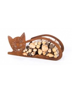 Edelrost Holzregal 'liegende Katze', Höhe 43 cm Holzscheit Ofenholz Feuerholz rostig