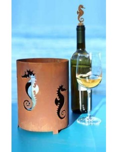 Edelrost Windlicht mit Seepferdchen, rund, mit Platte, Höhe 20 cm, Ø 15 cm - für Garten und Terrasse aus rostigem Metall 2