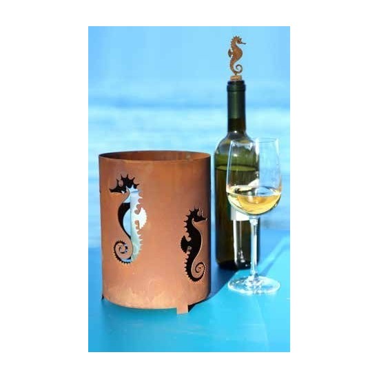 Windlicht mit Seepferdchen, rund, mit Platte, Gartengestaltung Gartendeko Edelrost Rostdeko Gartenideen Windlichtglas rostig