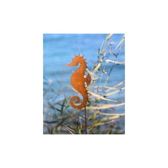 Edelrost Seepferdchen auf Stab, Höhe 16 cm Rosig Rostdeko  ausgelasert 