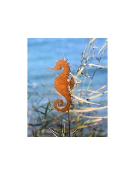 Edelrost Seepferdchen auf Stab, Höhe 16 cm Rosig Rostdeko  ausgelasert 
