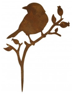 Vogel Spatz auf Hagebuttenast, zum Einstecken in Weichholz, Rostvogel Metallmichl