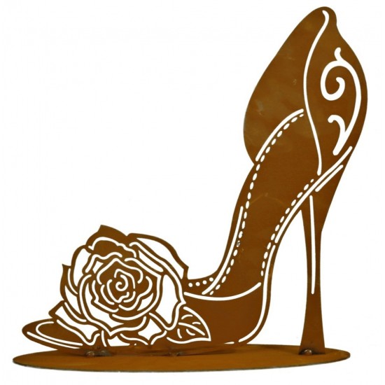 High Heel mit Rose mit Rostpatina Höhe 30 cm rost rostig Rostschuh Wohndeko Rostdeko Metallschuh Steingarten 