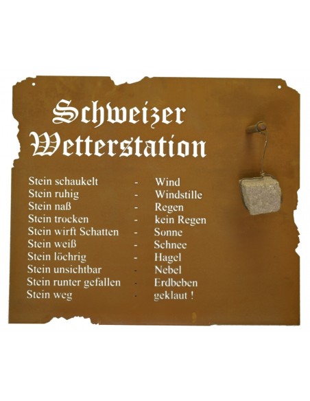 Schweizer Wetterstation aus Edelrost zum Hängen, 80 x 70 m inkl. Stein lustige Wetteraussichten als Gartendeko