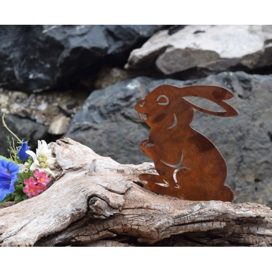 Metallsatz hoppelnder Hase als Baumstecker, zum Einschrauben in Holz, Roststecker für die Gartendeko