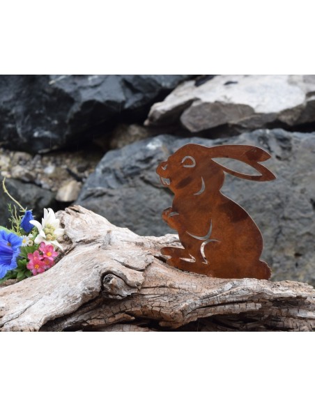 Metallsatz hoppelnder Hase als Baumstecker, zum Einschrauben in Holz, Roststecker für die Gartendeko