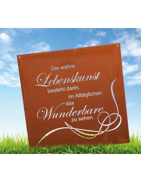 Edelrost Schild mit Spruch: Die wahre Lebenskunst besteht darin ..., Höhe 60 cm aus rostigem Metall als Geschenk