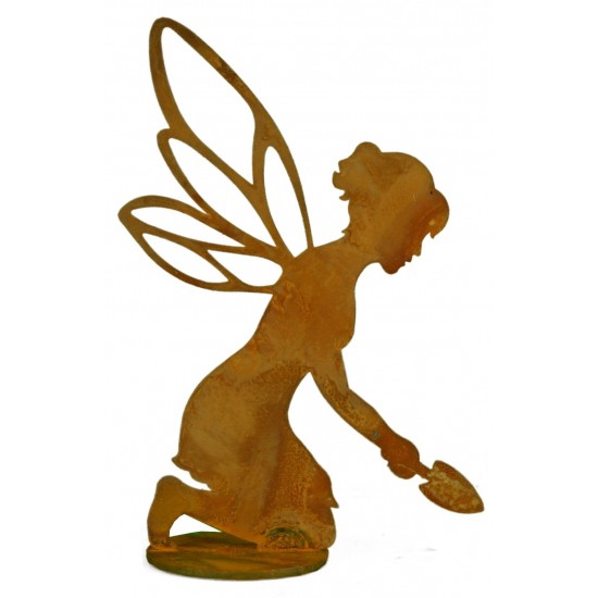 helfende Fee aus Edelrost kniend mit Schaufel, auf Platte Höhe 25 cm  Rostdeko rostig Elfe Fabelwesen Dekoration Metall 