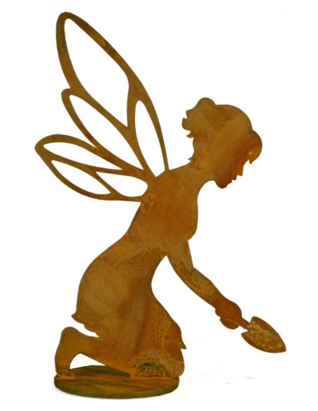 helfende Fee aus Edelrost kniend mit Schaufel, auf Platte Höhe 25 cm  Rostdeko rostig Elfe Fabelwesen Dekoration Metall 