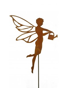Edelrost fliegende Fee mit Gießkanne, Höhe 50 cm - Gartenstab für Zuhause und zum Verschenken Elfe Fabelwesen Dekoration Metall