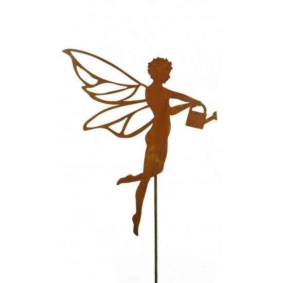 Edelrost fliegende Fee mit Gießkanne, Höhe 50 cm - Gartenstab für Zuhause und zum Verschenken Elfe Fabelwesen Dekoration Metall 